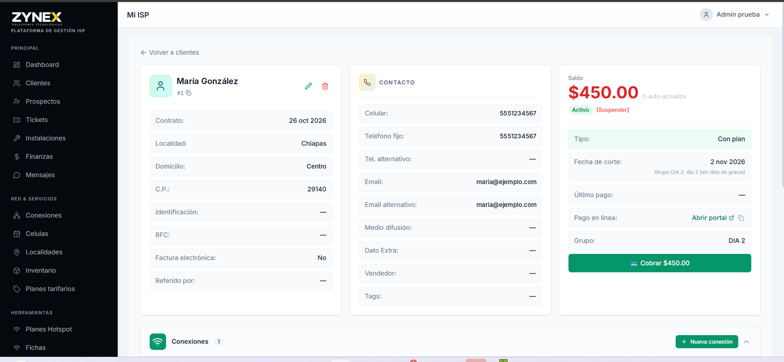 Ficha del cliente con saldo y botón Cobrar